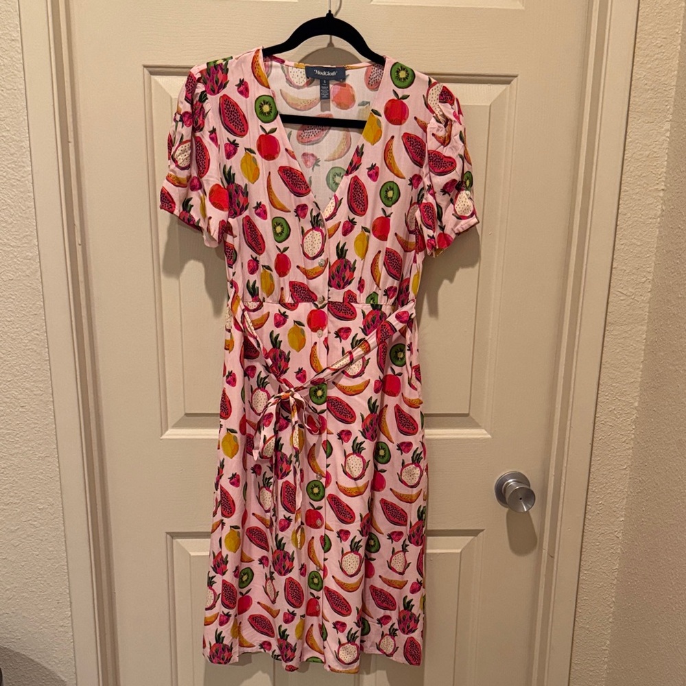 Modcloth Pink Fruit-Print Midi Wrap Dress